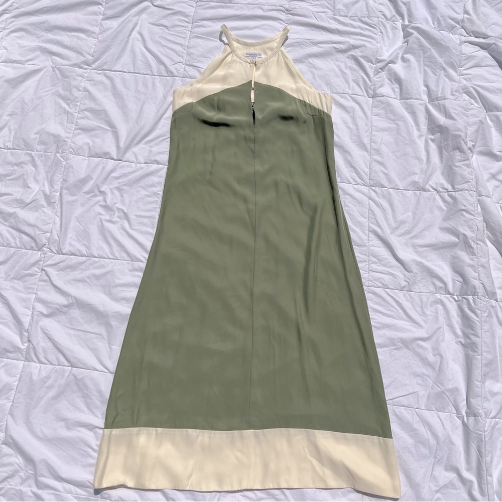 Emerson Fry | Silk Sage Green and Cream Sleeveless Midi Dress Size 4
